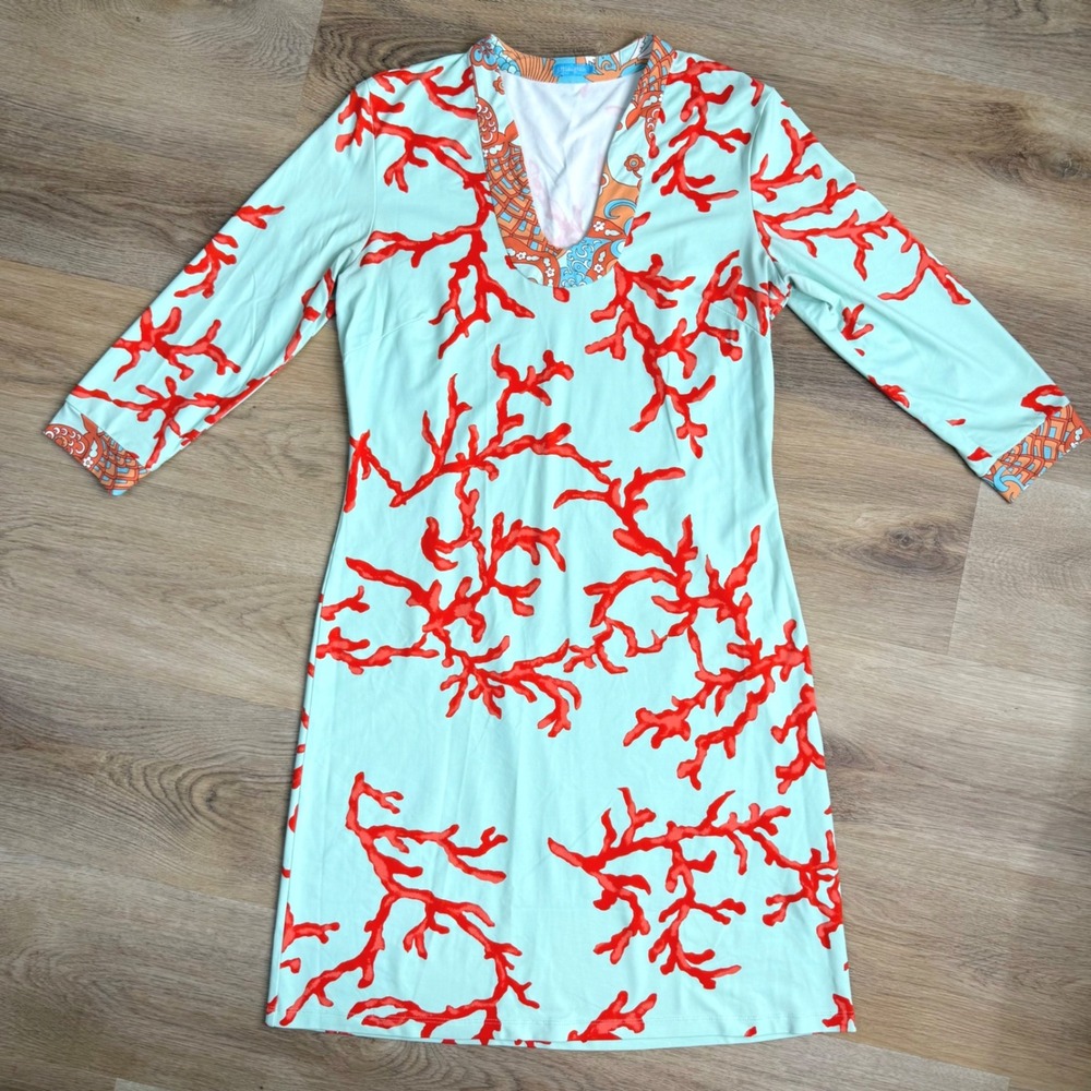 J. McLaughlin Mint/Orange Coral Print V-Neck Shift Dress Womens S Coastal
Luxury